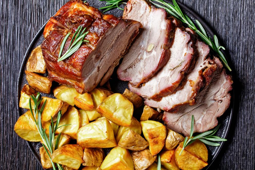 Stock Image - Pork and Roasted Root Vegetables